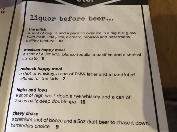 Redneck Happy Meal: A beer, a shot of Whiskey and some saltines for the kids.